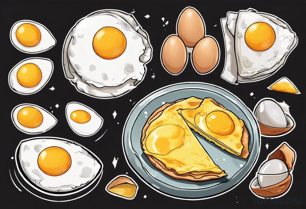 A round, thin omelette made from five eggs, with a triangular piece cut out containing the yolk tattoo idea