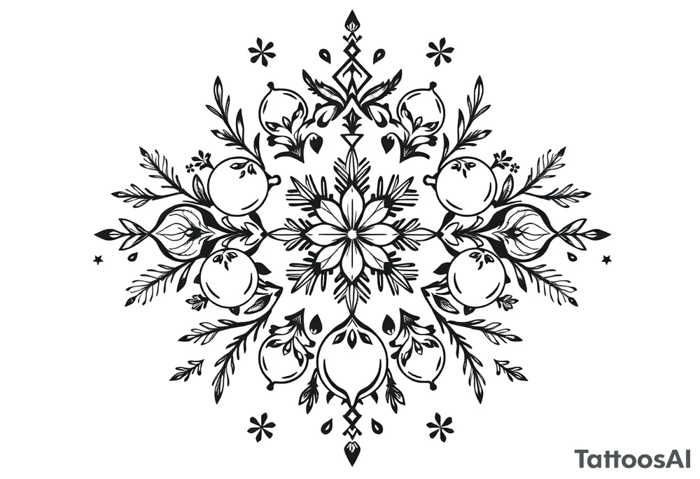 a very dense christmas pattern with orbs, orange slices, mistletoes, okive branches, snowflakes and stars tattoo idea