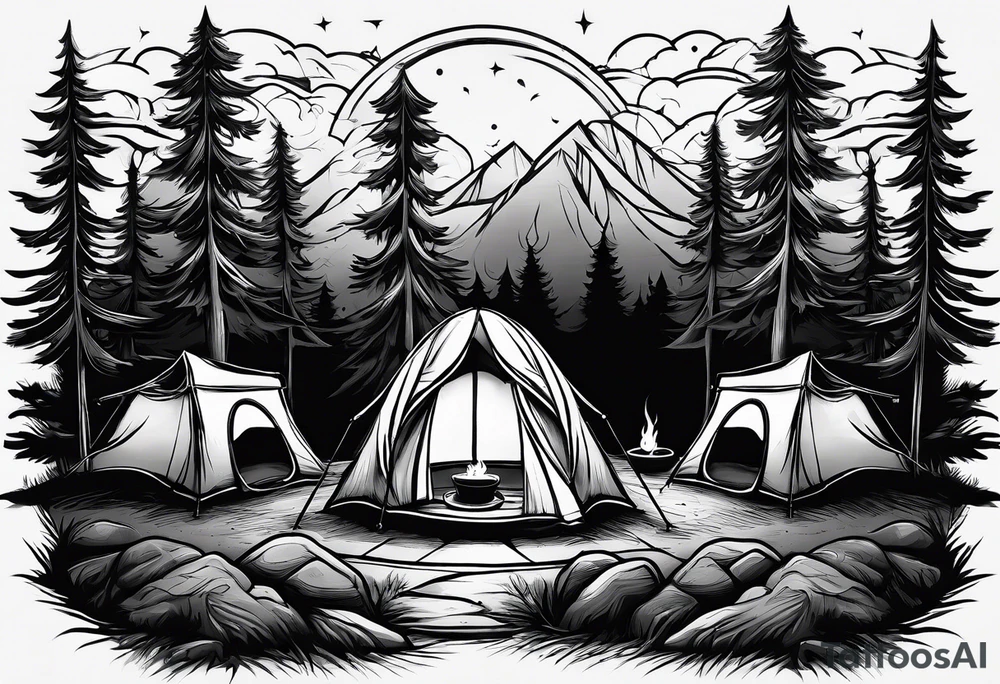 One small tent and small fire pit with smoke pillowing out of it. three large pine trees being the focus in the background. tattoo idea