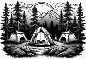 One small tent and small fire pit with smoke pillowing out of it. three large pine trees being the focus in the background. tattoo idea