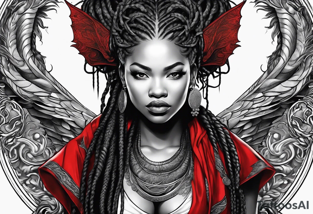 Red dragon wrapped around black woman with dreadlocks tattoo idea
