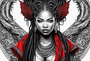 Red dragon wrapped around black woman with dreadlocks tattoo idea