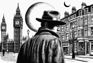 Old London with Big Ben, houses, street, man with hat and the moon tattoo idea