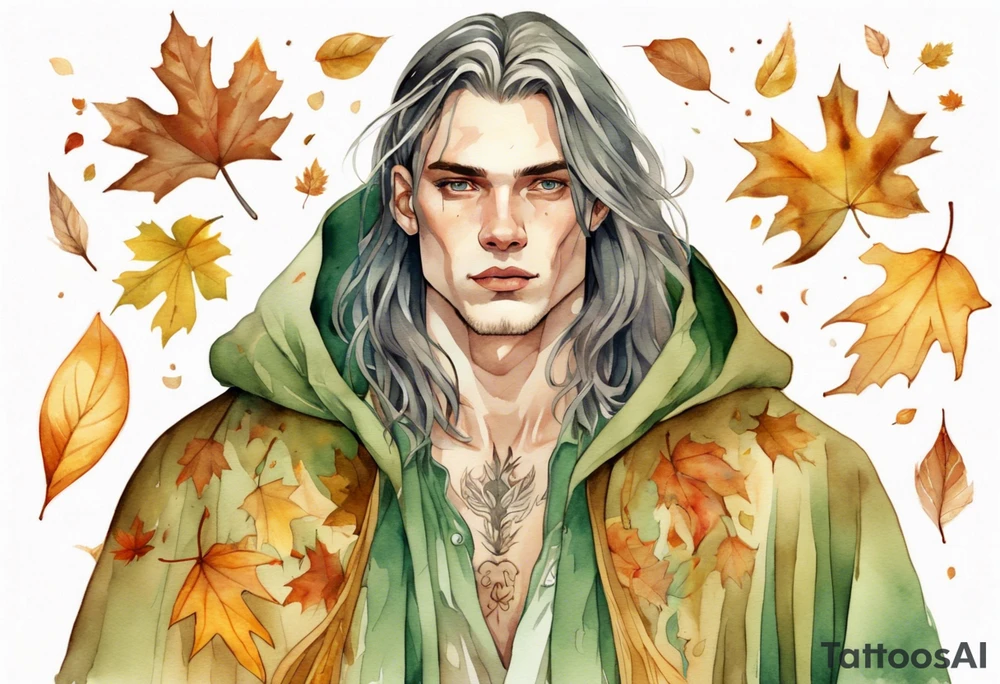 A young handsome man with pale green skin with long hair wearing a gold cloak surrounded by autumn leaves tattoo idea