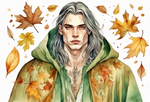 A young handsome man with pale green skin with long hair wearing a gold cloak surrounded by autumn leaves tattoo idea