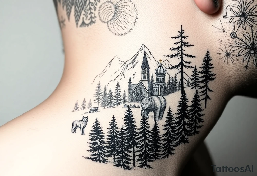 Nature/Landscape

Wolves in a pine forest (extending the tree line you already have)
A Russian bear emerging from the treeline
Snow-capped mountains behind the church scene tattoo idea