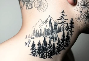 Nature/Landscape

Wolves in a pine forest (extending the tree line you already have)
A Russian bear emerging from the treeline
Snow-capped mountains behind the church scene tattoo idea