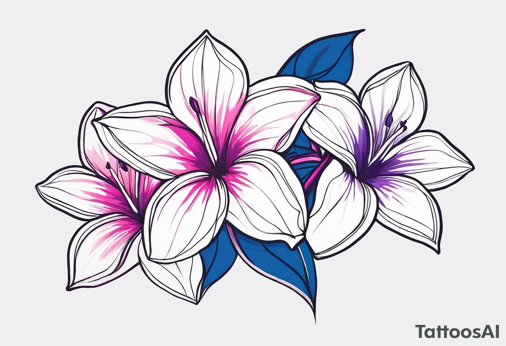 negative space linework mandevilla flowers over a brushstroke background of blue, pink and purple tattoo idea