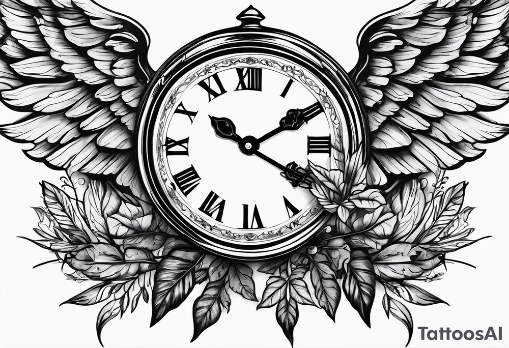skeleton key wings clock leaves tattoo idea