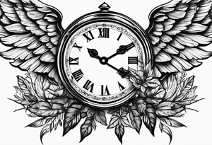 skeleton key wings clock leaves tattoo idea