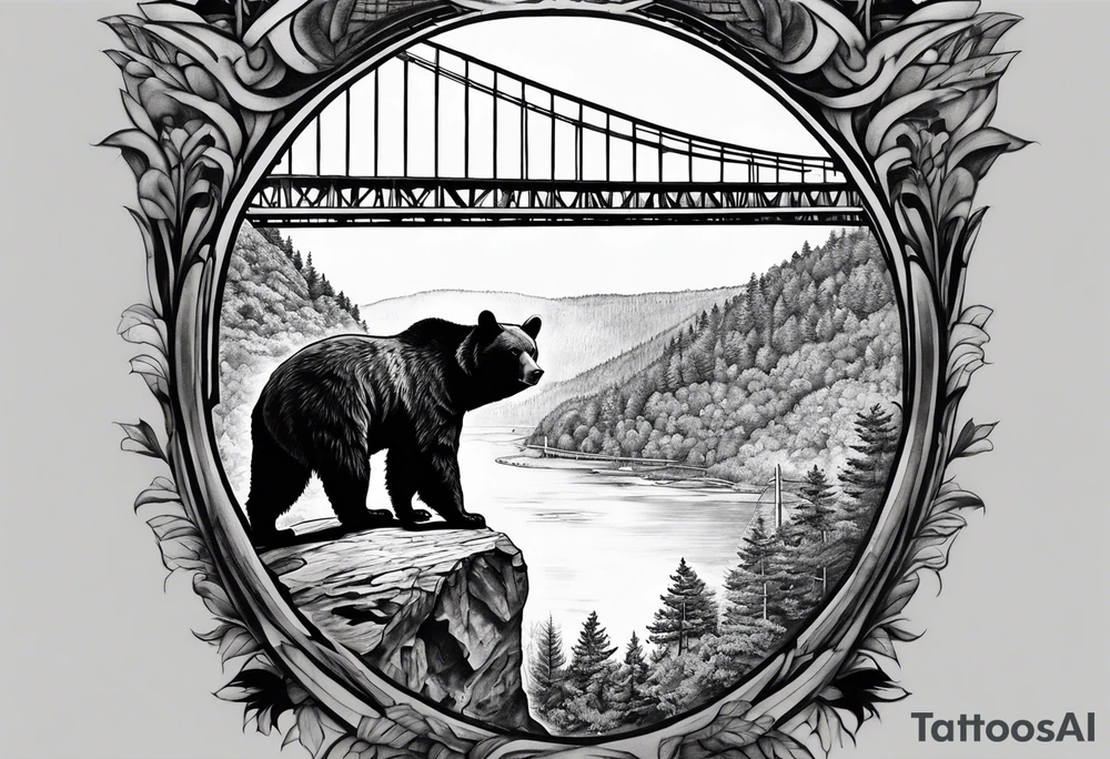 Large thigh tattoo, realism, black and white, black bear with the new river gorge bridge in the background tattoo idea