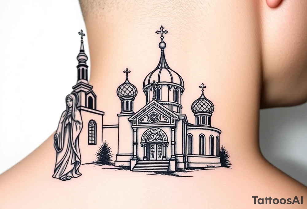 medium sized Russian orthodox church with bulb domes with a prominent russian orthodox style virgin mary stood outside to the left tattoo idea