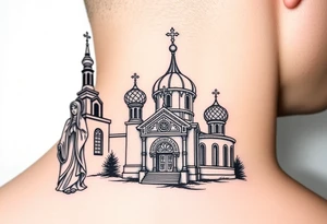 medium sized Russian orthodox church with bulb domes with a prominent russian orthodox style virgin mary stood outside to the left tattoo idea