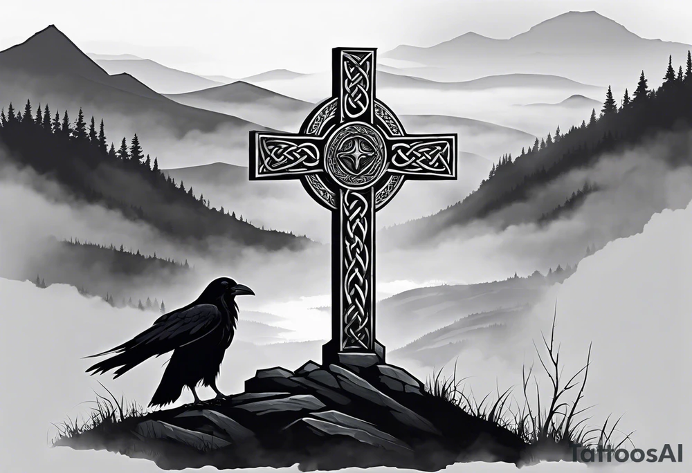 A stone Celtic cross solemnly standing atop a hill, a raven perches atop the cross staring out over the desolation. A ruined stone wall lies crumbling near the cross. Mist rolls along the hilltops adding to the melancholic nature of the scene tattoo idea