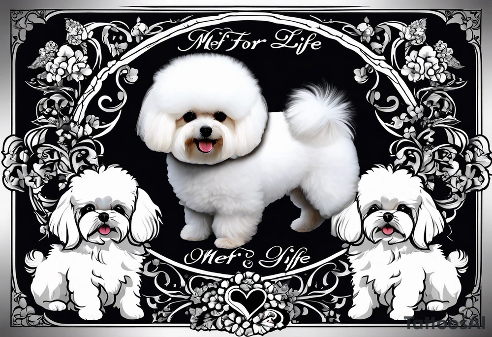 A white Bichon frise with a black pomeranian and a black poodle with the words “MFer For Life” tattoo idea