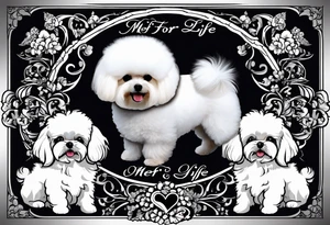 A white Bichon frise with a black pomeranian and a black poodle with the words “MFer For Life” tattoo idea