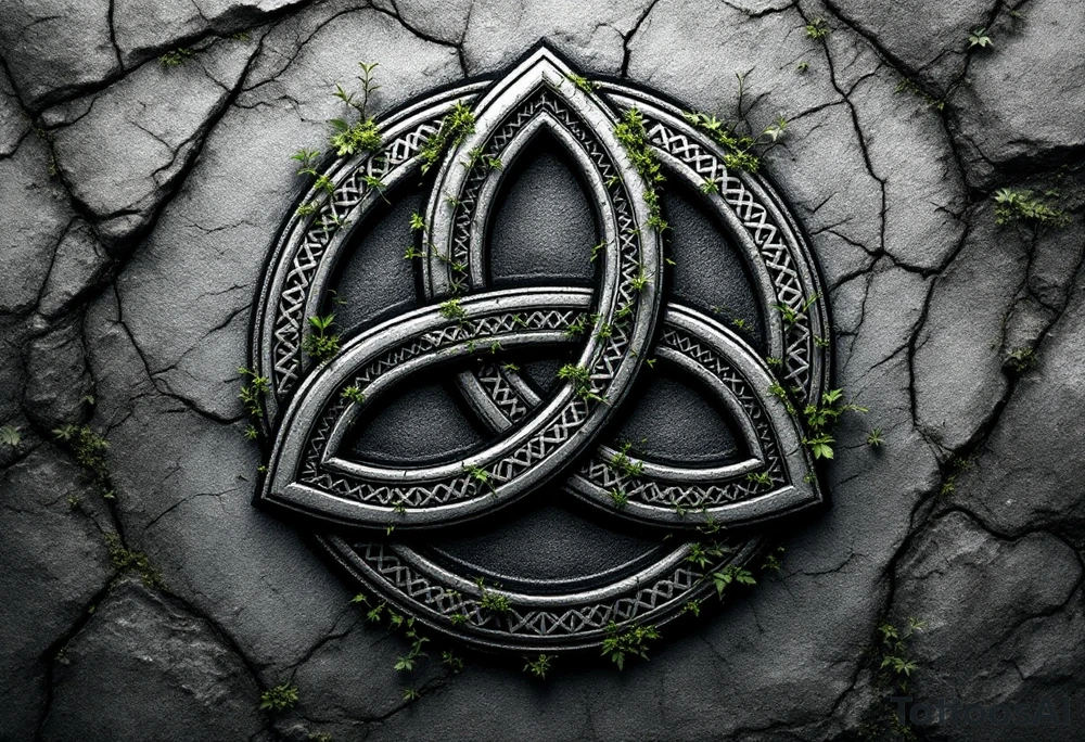 Celtic Trinity Knot with Stone Texture and Vines – A bold, interwoven Celtic triquetra (trinity knot) carved into weathered stone, with fine moss and ivy vines wrapping through the loops. The design is textured like ancient granite, in stone gray, deep forest green, and subtle earthy brown tones, evoking timelessness and natural connection. tattoo idea