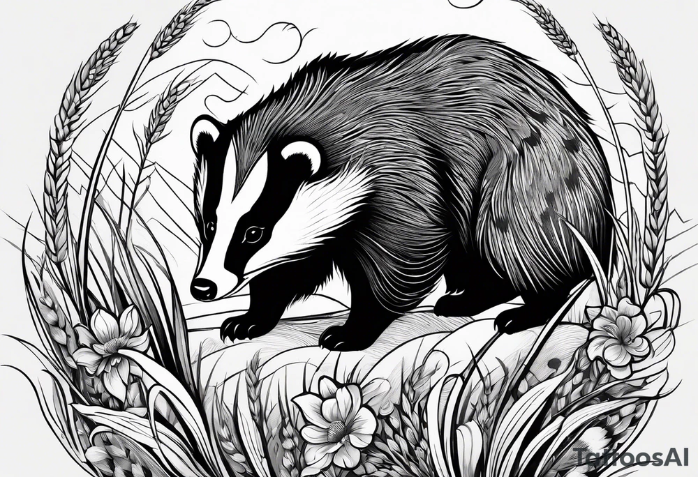 A trippy black and white tattoo of a badger with a cub, flowers, a field of wheat, forest and fractals tattoo idea