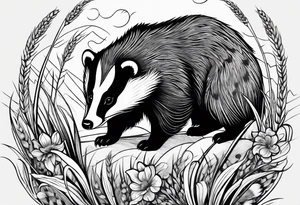 A trippy black and white tattoo of a badger with a cub, flowers, a field of wheat, forest and fractals tattoo idea