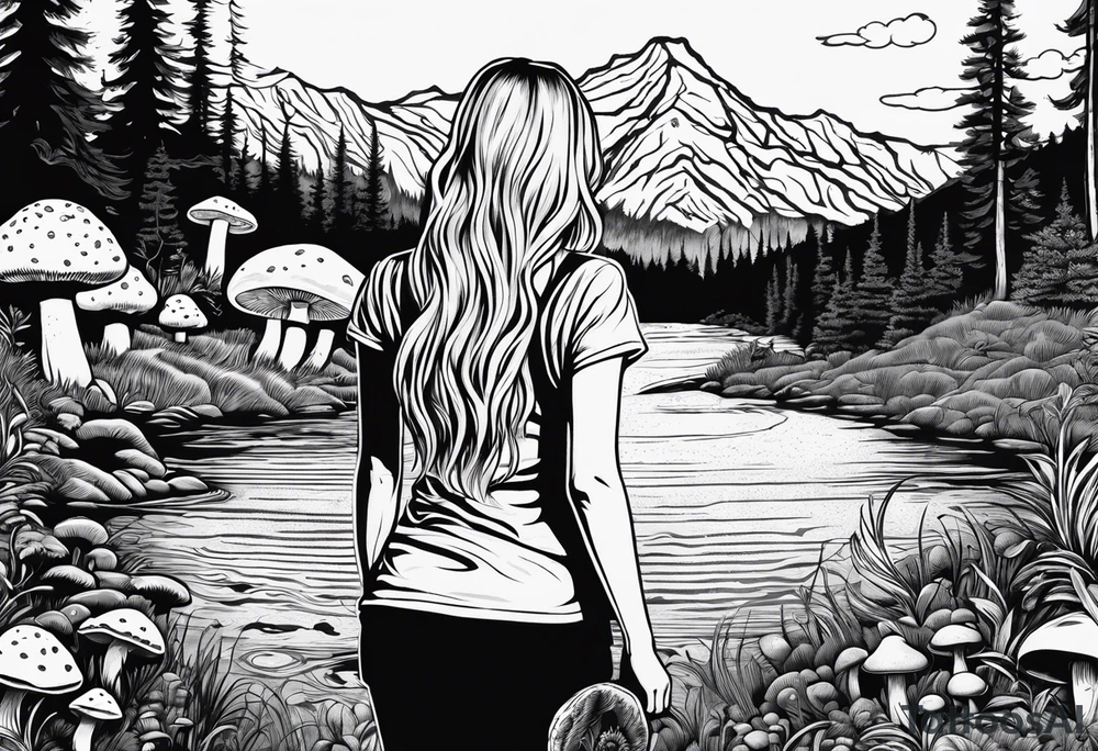 Straight long blonde hair hippie girl in distance holding mushrooms in hand facing away toward mountains and creek surrounded by mushrooms tee shirt and hiking pants; whole rendering within a full circle, no cut off circle tattoo idea