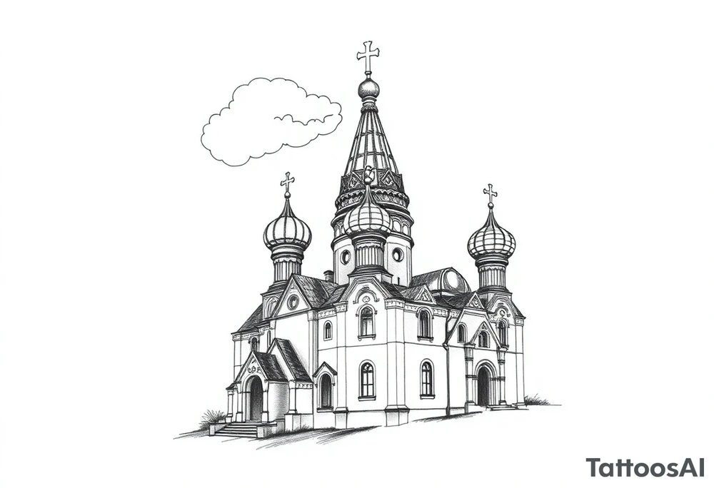 highly detailed Russian Orthodox cathedral with onion domes and orthodox crosses, done in fine line, engraving-like style. Cohesive composition, black ink only, no color, high contrast, slightly aged, documentary-style, plain light background. with clouds above it and a virgin mary over looking tattoo idea
