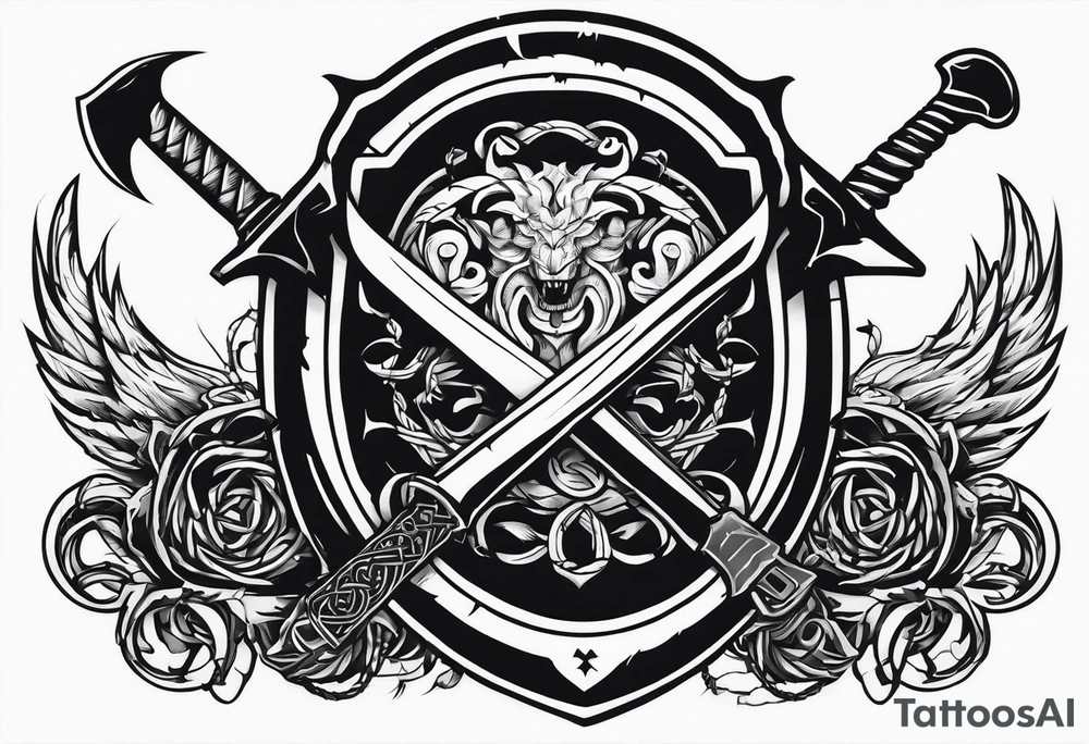Valhalla sword round shield axe barbed wire chains dark cloud tattoo idea