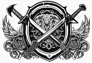 Valhalla sword round shield axe barbed wire chains dark cloud tattoo idea