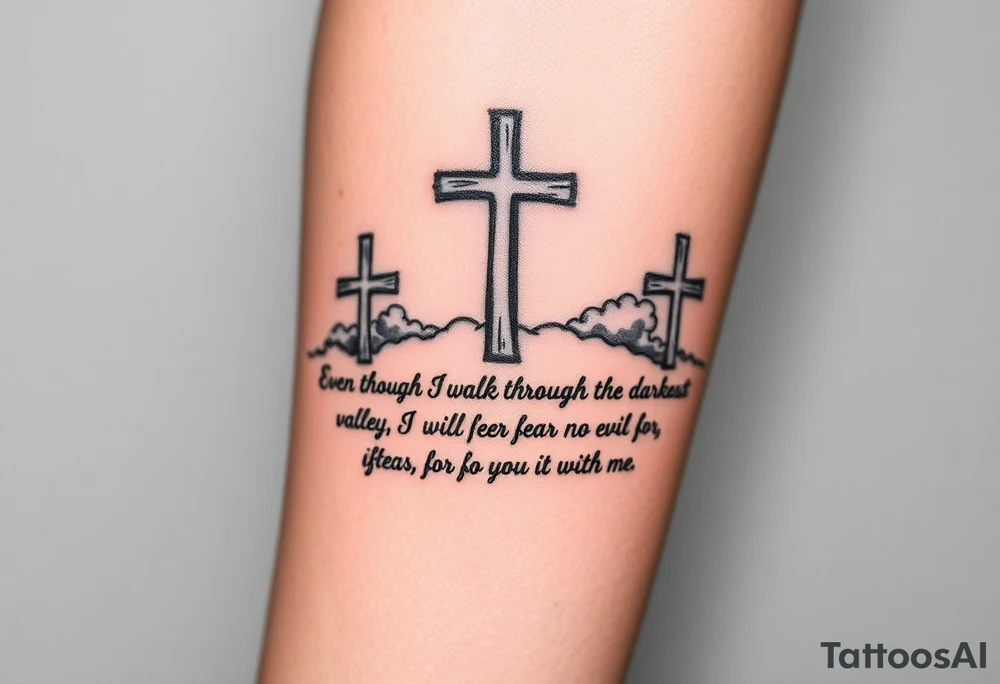 3 crosses, clouds, even though I walk through the darkest valley, I will fear no evil, for you are with me tattoo idea