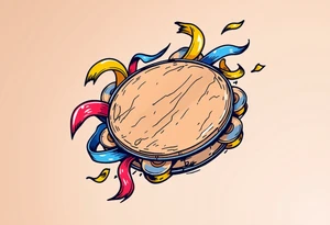 Tambourine and Dance Ribbon – A wooden tambourine in light brown with colorful ribbons (red, blue, yellow) swirling around it, conveying rhythm, joy, and movement. tattoo idea