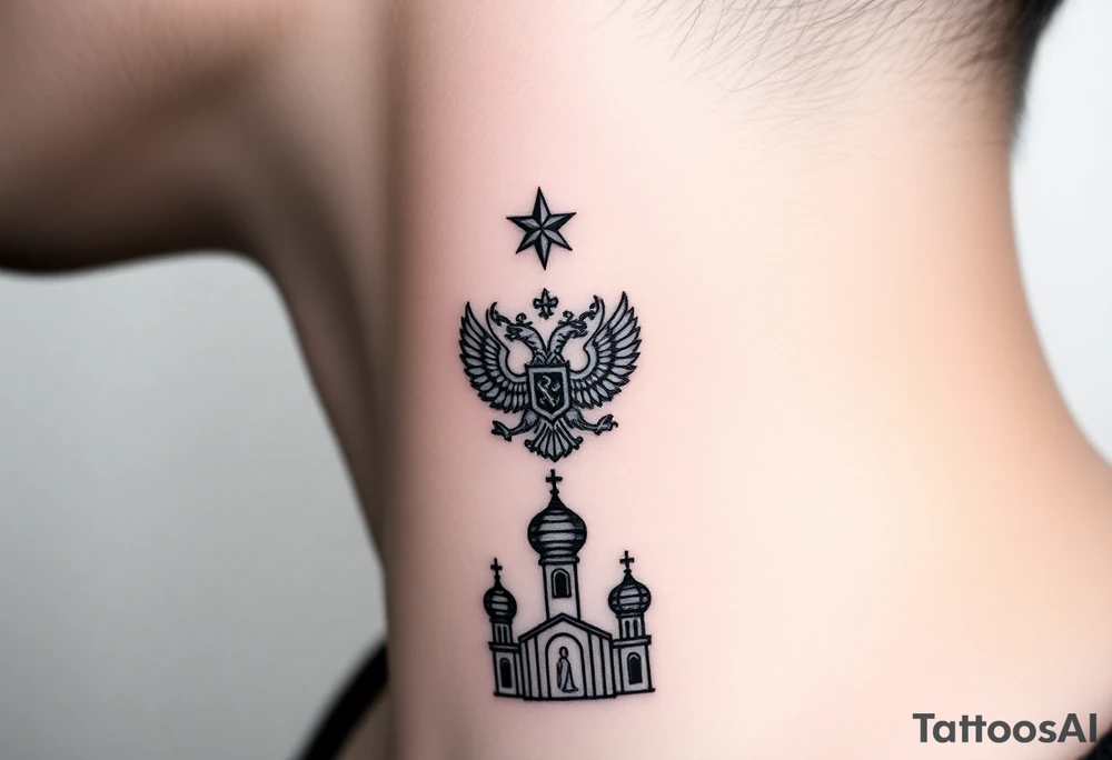 Stacked Vertical Column 

Russian star — small, bold
Middle: Miniature double-headed eagle — simplified, cleaner lines to suit the smaller space
Bottom: Orthodox church dome(s) with a small Virgin Mary silhouette beneath tattoo idea