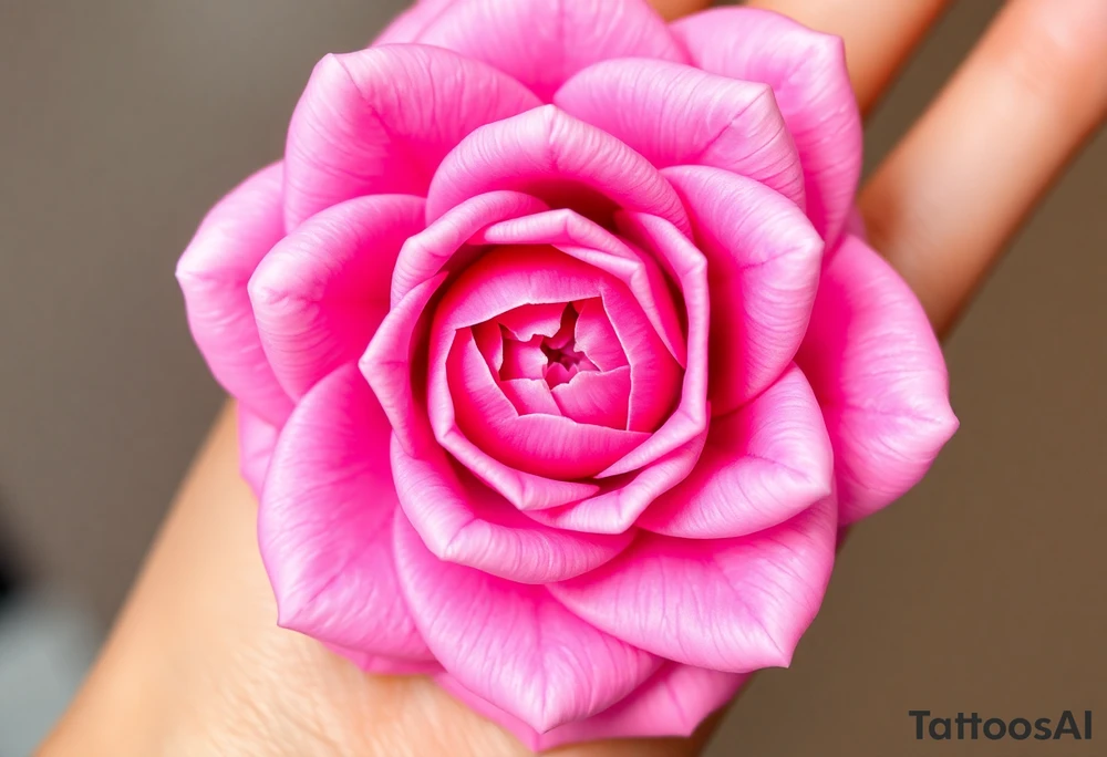 The pink rose appears as if viewed through a mesmerizing kaleidoscope, with its delicate petals radiating outward in a perfectly symmetrical, fractal-like pattern. Shades of soft blush and vibrant magenta blend seamlessly, creating a hypnotic, almost surreal visual effect that draws the eye deeper into its intricate layers. The petals seem to fold and reflect infinitely, forming geometric shapes that shift and transform, giving the rose an ethereal, dreamlike quality. tattoo idea