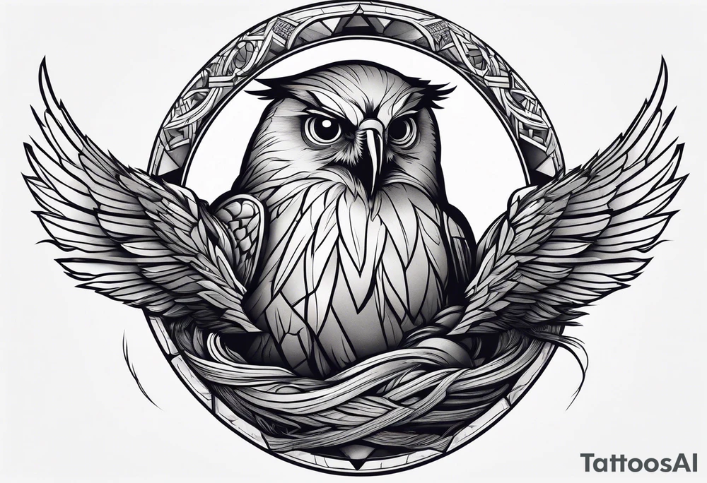 Owl, raven, eagle cuddled in a nest, looking down into the nest tattoo idea