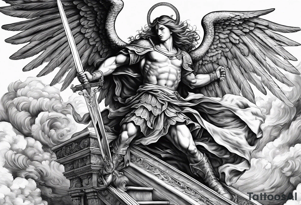 Arm sleeve of St Michael plunging a sword into the devil which is laying on the stairway to heaven. Angels and demons are fighting all around tattoo idea