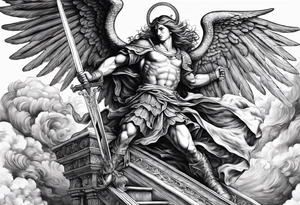 Arm sleeve of St Michael plunging a sword into the devil which is laying on the stairway to heaven. Angels and demons are fighting all around tattoo idea