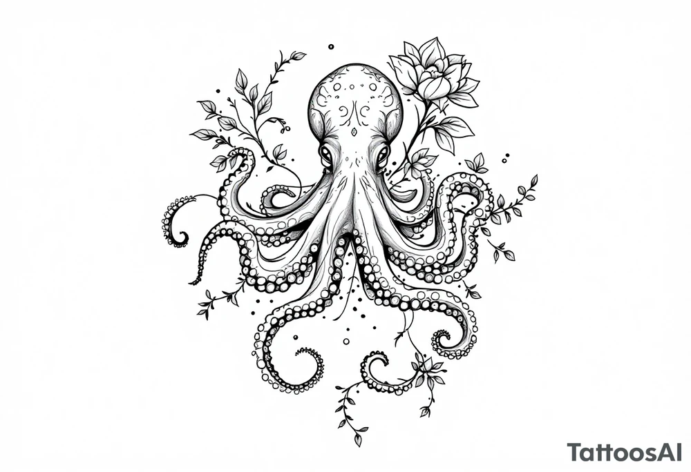 realistic octopus, detailed linework, intricate, black-and-grey shading, surrounded by floral ornaments, intertwining and merging with flowers, thin black swirling lines, semi-transparent brown leaves, dotwork, ornamental flourishes, radiating design, fine-line style, minimalistic, organic flow, feminine, artistic, slightly surreal, seamless composition, marine botanical fusion, lifelike texture, graceful rhythm, smooth shading, soft leaves wrapping, blooming shoulder flower, outward radiating pattern, vine tentacle flow, integrated sea creature, botanical octopus curved body placement, natural organic movement tattoo idea