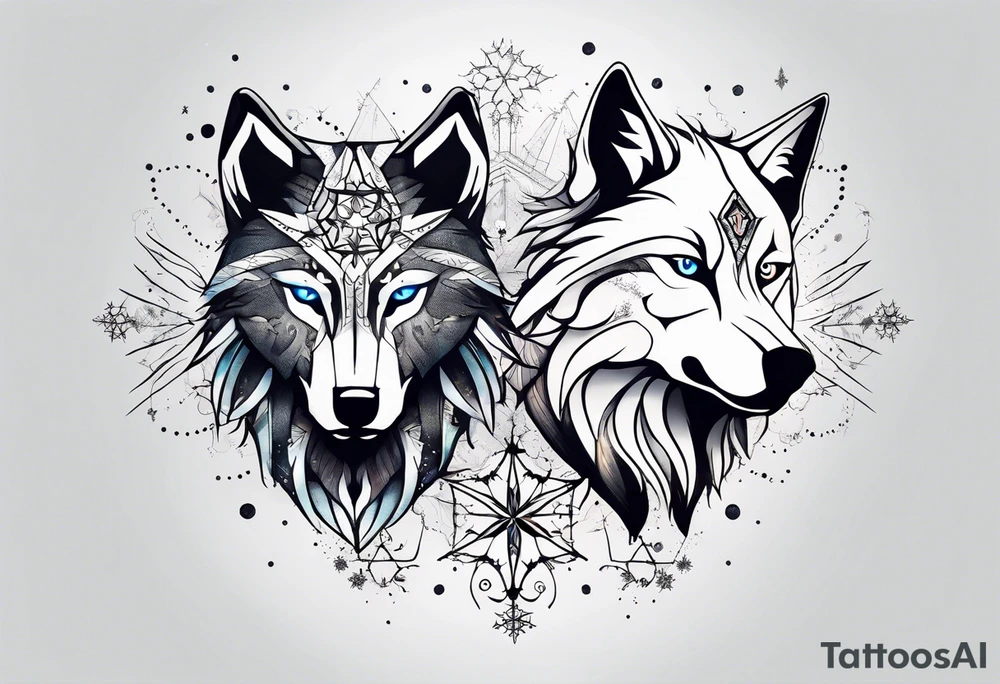 Constellation, two animal alien wolf, snowflake tattoo idea