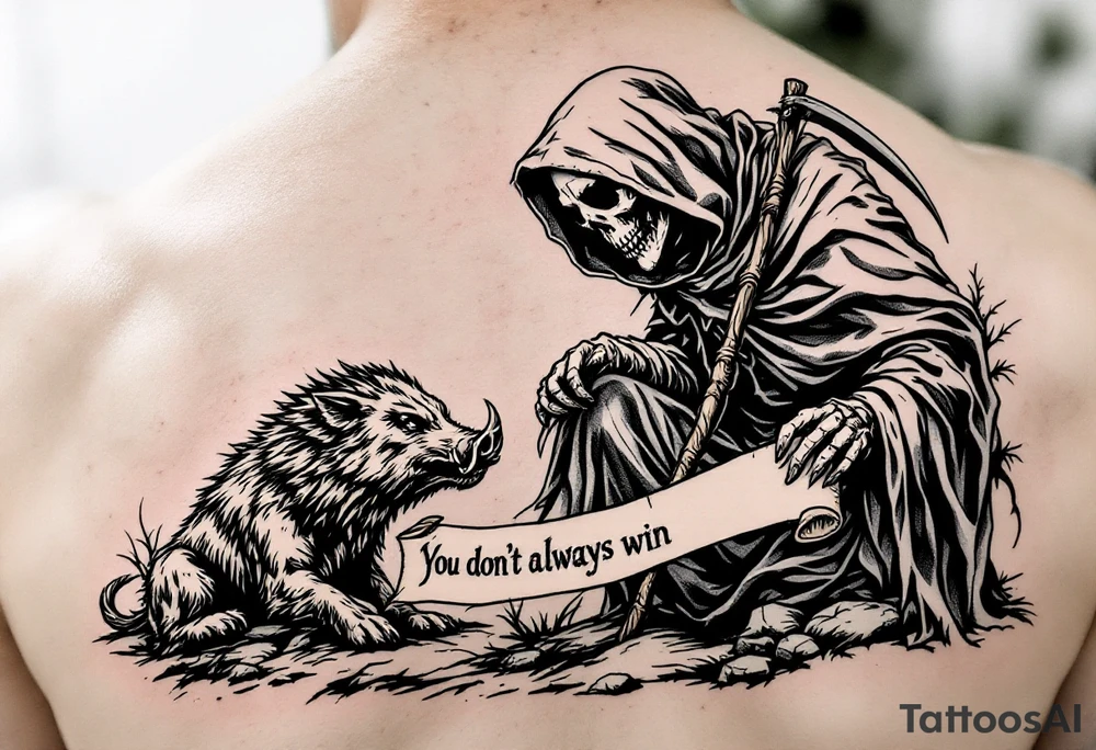 Grim reaper looking down on a hunting dog with a big feral boar while holding a scythe and scroll. The scroll has the words “You dont always win” written on it tattoo idea