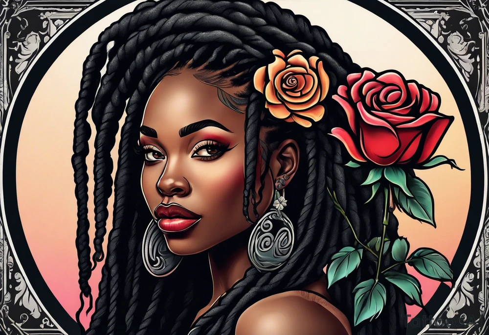 beautiful thick black women with long straight dreadlocks, holding a beautiful single rose,, pastel, old school traditional, tattoo idea