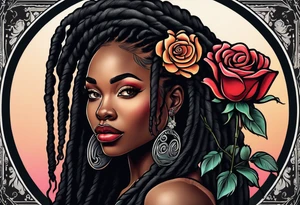 beautiful thick black women with long straight dreadlocks, holding a beautiful single rose,, pastel, old school traditional, tattoo idea