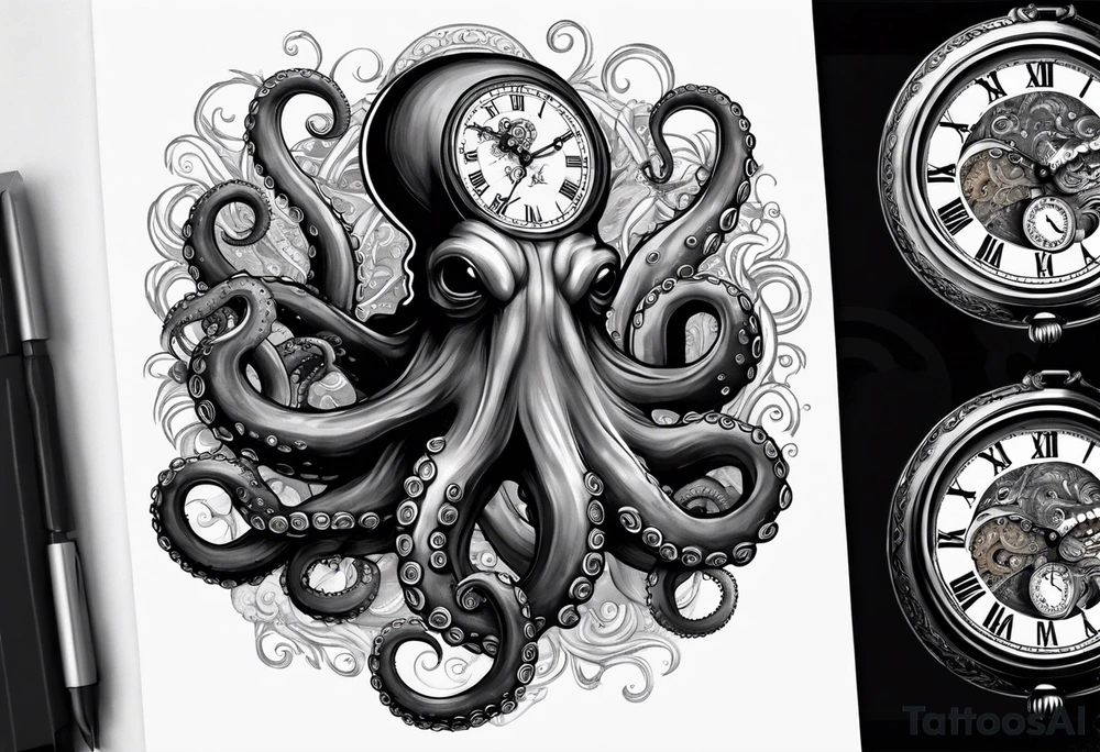 Octopus over an old pocket watch with his tentacles, in a natural pose tattoo idea