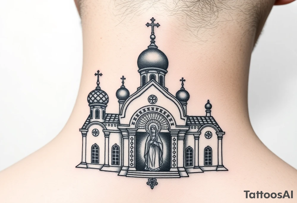 medium sized Russian orthodox church with bulb domes with a prominent russian orthodox mosaic virgin mary tattoo idea
