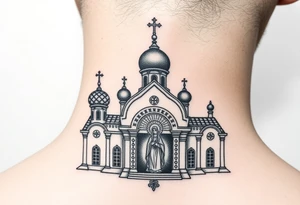 medium sized Russian orthodox church with bulb domes with a prominent russian orthodox mosaic virgin mary tattoo idea
