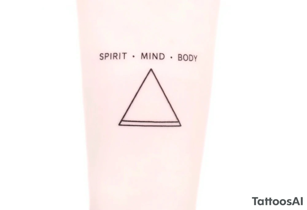 A minimalist tattoo of three interlocking triangles arranged in a way that forms a geometric symbol. Each triangle is thinly outlined and overlaps slightly. Above the design, the words 'SPIRIT,' 'MIND,' and 'BODY' are written in simple font, representing the connection between these three concepts. The tattoo is located on the inner forearm and is drawn in black ink on a light skin tone background. Without text! tattoo idea