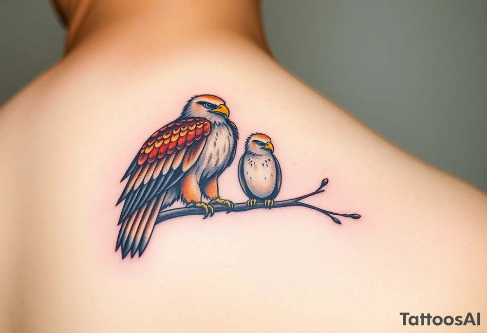 A mother and baby eagle perched on a branch, with soft watercolor strokes in natural colors tattoo idea