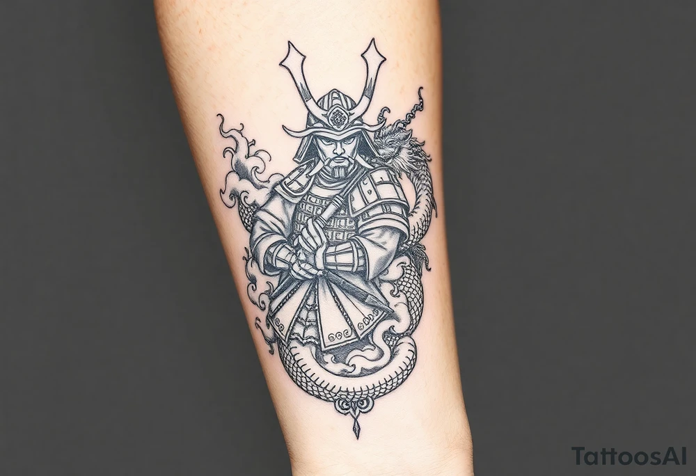 Samurai warrior with traditional armor entangled with a Japanese dragon, mythological elements, flowing composition, black ink tattoo style with red accents, swirling clouds, ornamental Japanese patterns, sketch-style linework, vertical tattoo layout for forearm or sleeve build-out tattoo idea