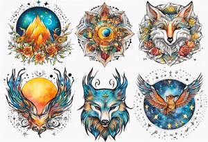 fisch, fuchs und eule , symetrie  sonne, universum, bunt, " sapere aude" tattoo idea