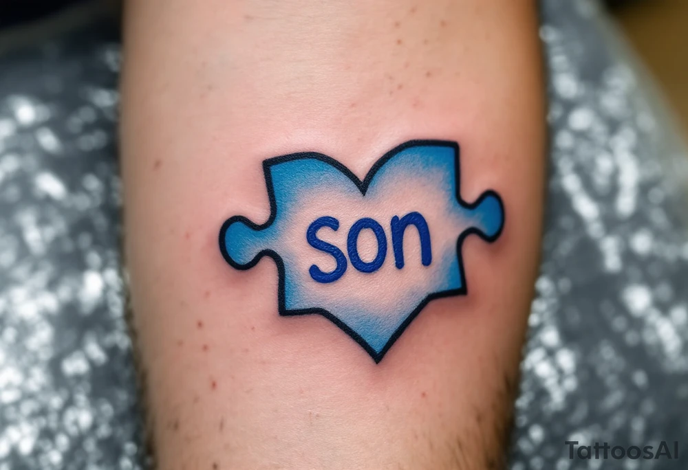 A puzzle piece in bright blue labeled “Son,” fitted perfectly into a black outline of a heart. tattoo idea