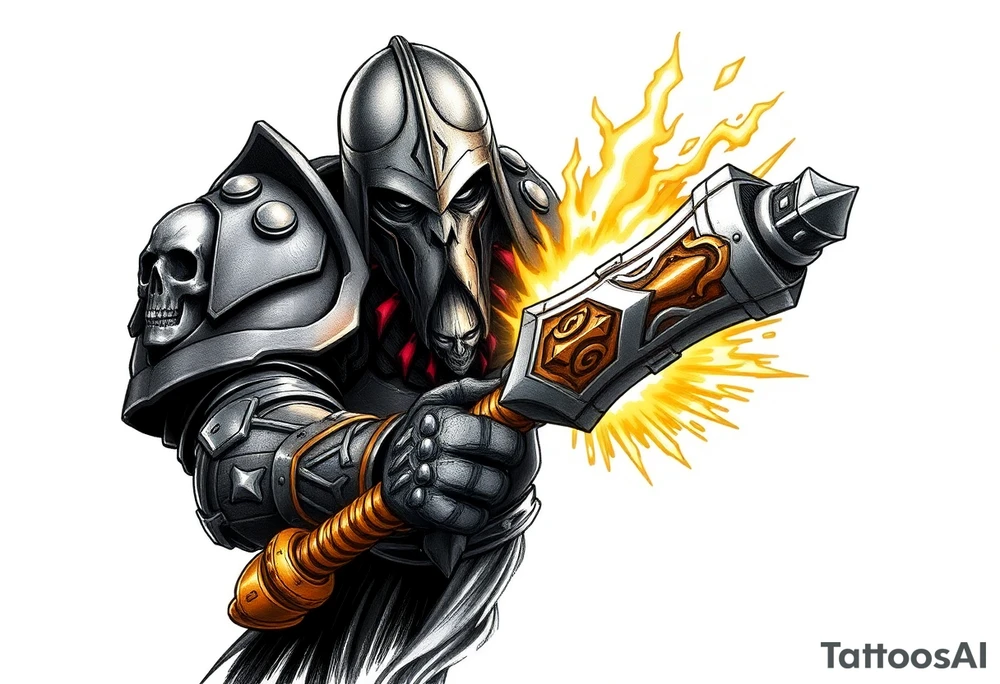 Warhammer, the Old World. A warrior priest of Sigmar holding "The Warhammer of Sigmar" or known as Ghal Maraz. The Warhammer of Sigmar is radiating thunderous energy. The warhammer is held by the warrior priest with both gripping hands at the shaft, upon his chest level. The Warrior priest is wearing dark alloyed heavy armour (reference armor from warhammer vermintide 2 Victor Saltzpyres, the warrior priest of Sigmar class) with skull sigils on his shoulder pads. The warrior priest is wearing a helmet, while the helmets front visor has an humanoid metal face covering. The helmet and armour are gladened with hints of gold and crimson red. The Warhammer is silverish and golden with a long shaft with twisted carvings. tattoo idea