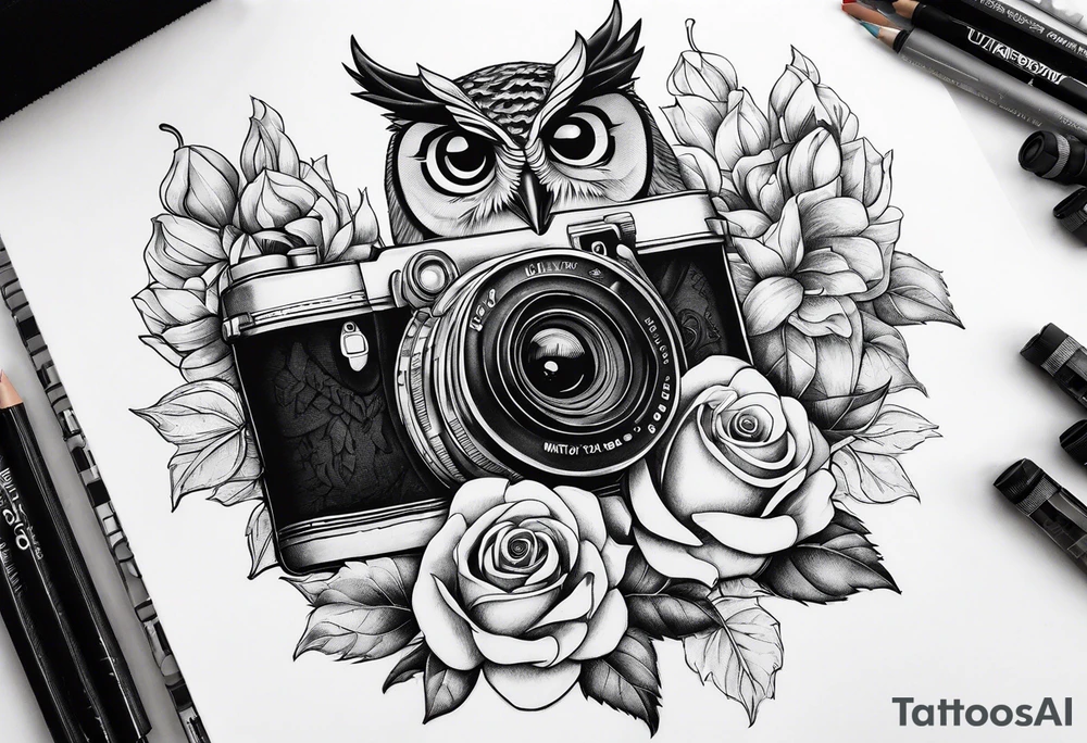 Sunflower, camera, book, owl, flower rose tattoo idea