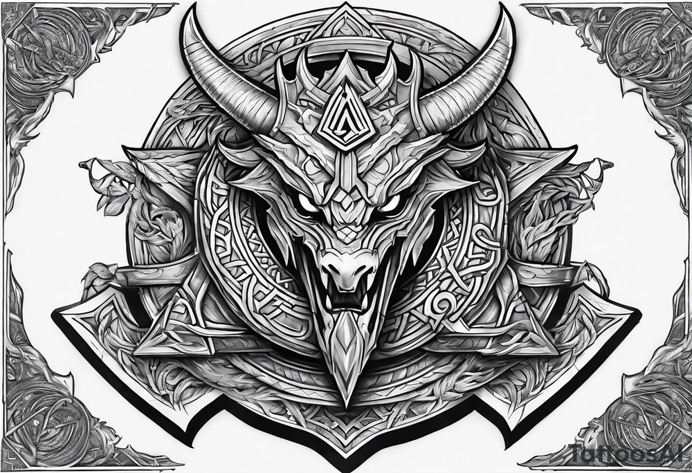 Valhalla sword shield dragon axe Valknut steps tattoo idea